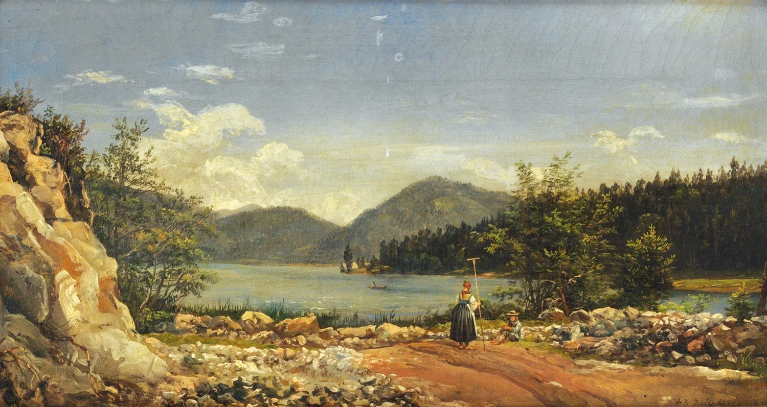 Donna con rastrello e uomo seduto sul lago 1830
